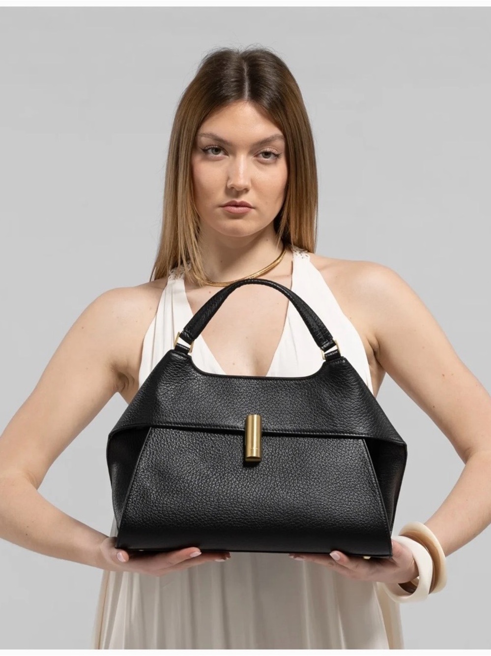 Arcadia EMMA Black Leather Satchel with Gold-Tone Accent